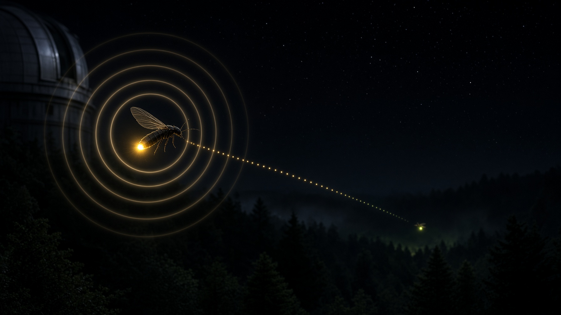 A firefly sending pulses of light through dark air toward another firefly. Teaching picture, not a field recording.